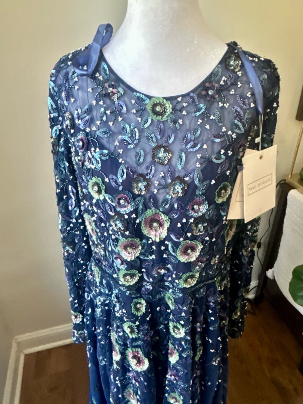 Mac Duggal Long Sleeve Embellished High Neck A Line Gown - Picture 5 of 16